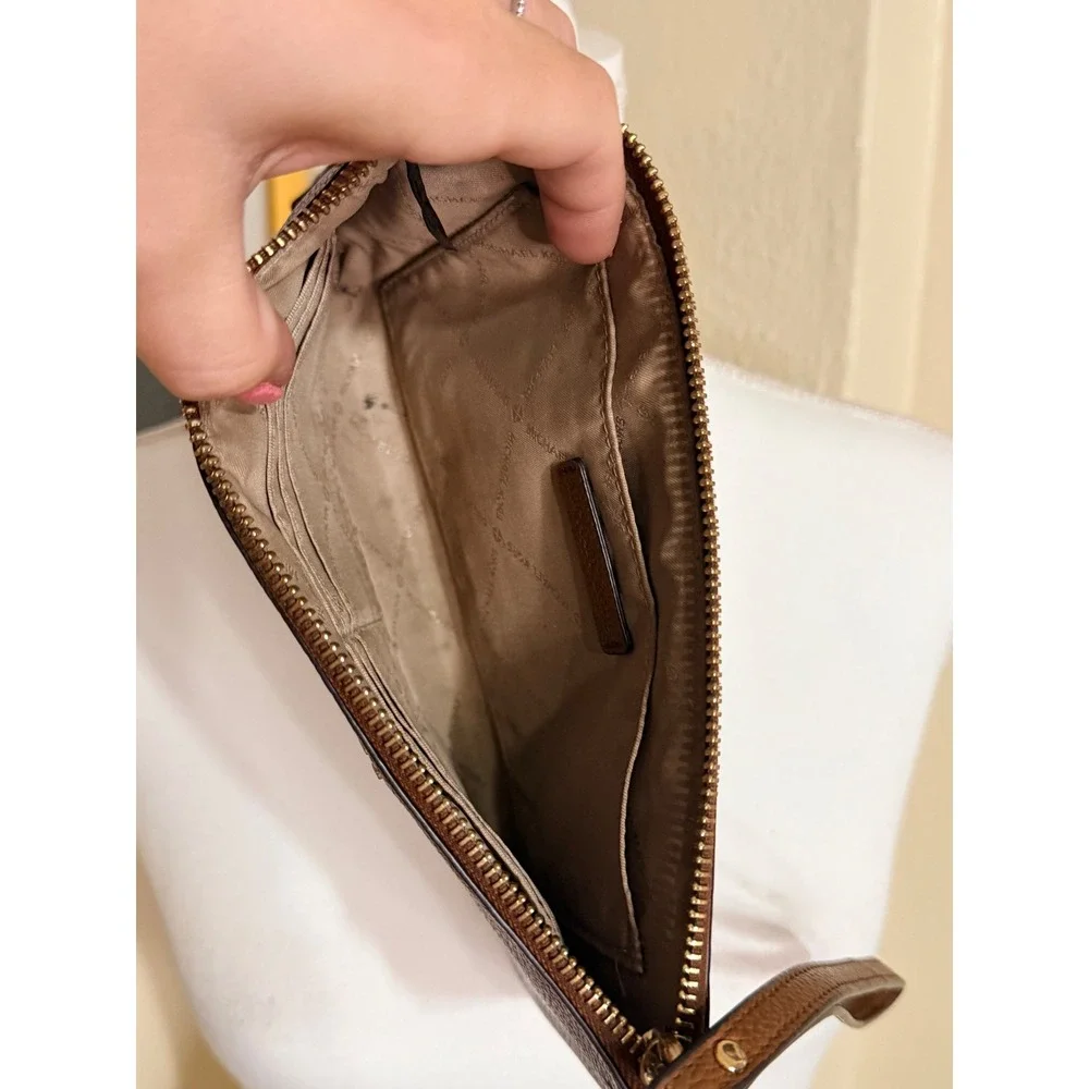 Michael Kors Adele Wristlet Acorn Brown Pebbled Leather Gold Tone Zip Clutch